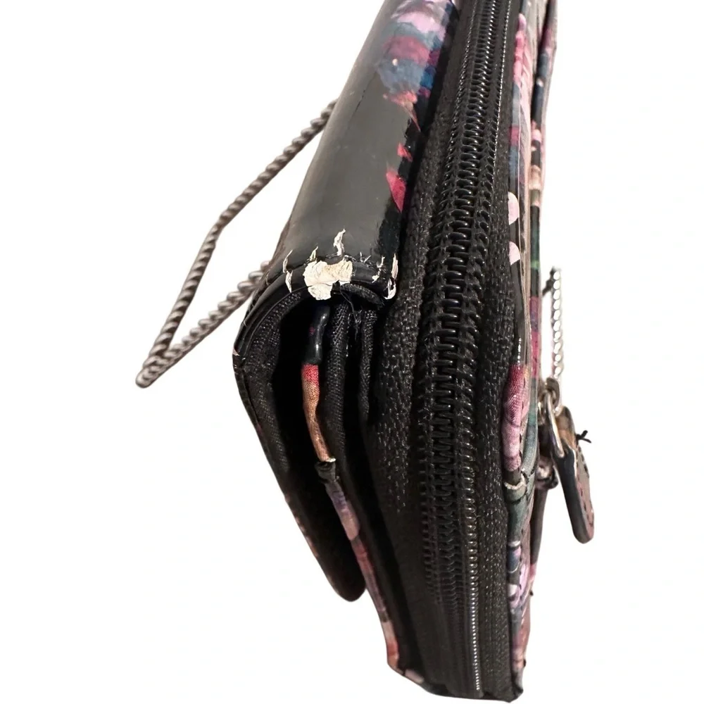 Patent Leather Floral Wallet Clutch in Black with Pink & Orange Flowers GUC